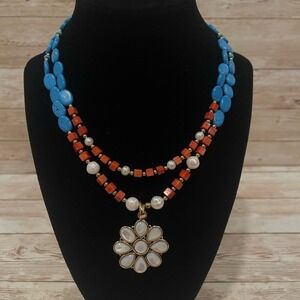 Studio Barse Blue‎ and Red Beaded Necklace with Floral Pendant